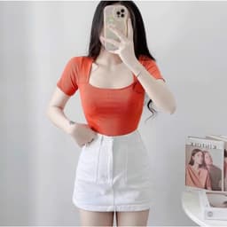 Áo phong nữ cổ vuông thun gân tăm co giãn đẹp dễ thương Áo thun nữ tay ngắn bigsize 45-85kg MS004 3