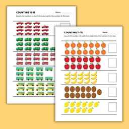 Bộ 5 phiếu Toán theo chủ đề ĐẾM SỐ LƯỢNG phạm vi 11-15, Học liệu giáo dục Montessori 2