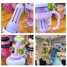 Bình nước ly cốc nhựa ICE CREAM có ống hút 1400ml tay cầm chống đổ nước. Cốc uống nước thể thao có nắp đậy 8