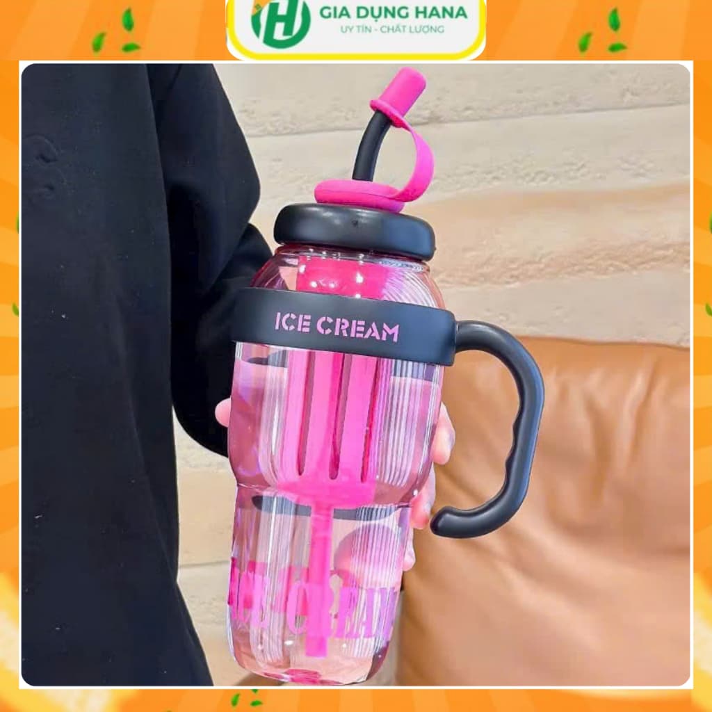 Bình nước ly cốc nhựa ICE CREAM có ống hút 1400ml tay cầm chống đổ nước. Cốc uống nước thể thao có nắp đậy