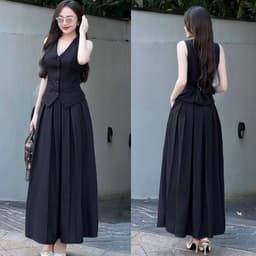 Set Váy Dài Xòe Có Túi Áo Gile Set Áo Sát Nách Cài Nút Chân Váy Dài Xếp Li Bigsize Limo V68 6