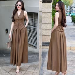 Set Váy Dài Xòe Có Túi Áo Gile Set Áo Sát Nách Cài Nút Chân Váy Dài Xếp Li Bigsize Limo V68 5