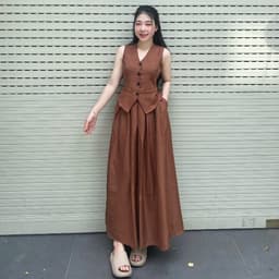 Set Váy Dài Xòe Có Túi Áo Gile Set Áo Sát Nách Cài Nút Chân Váy Dài Xếp Li Bigsize Limo V68 8