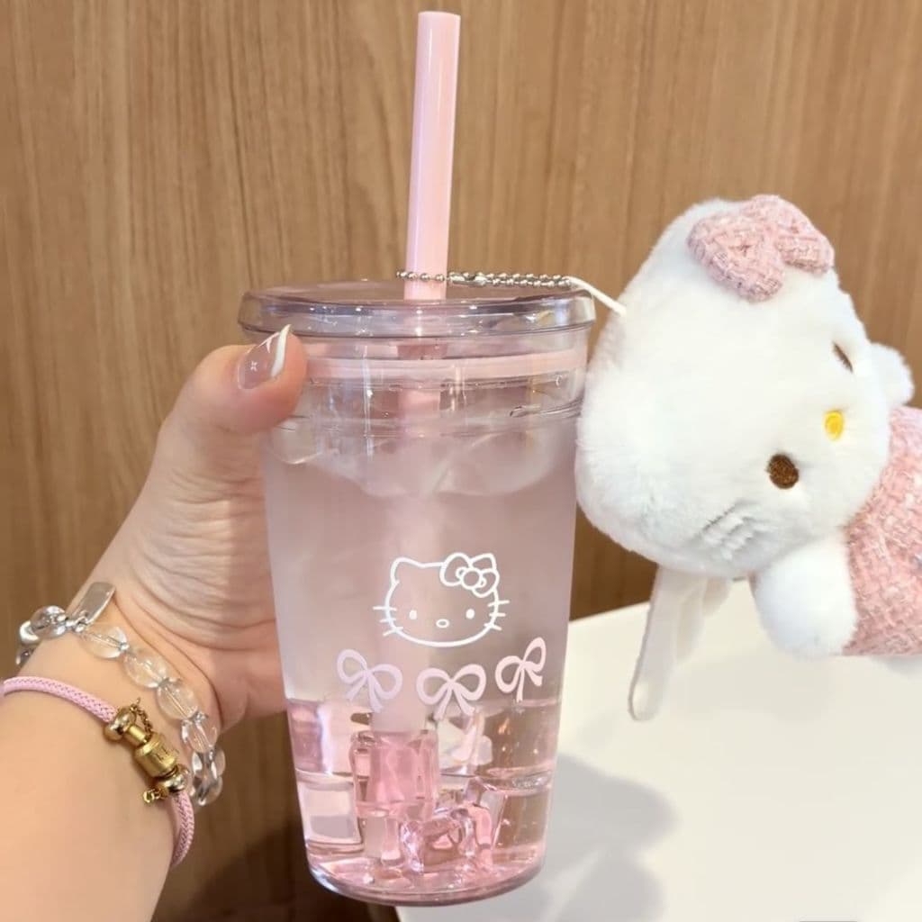 Cốc Uống Nước Cute Có Ống Hút Hello Kitty Bằng Nhựa Tritan Cao Cấp Cốc Đôi Quà Tặng Người Yêu