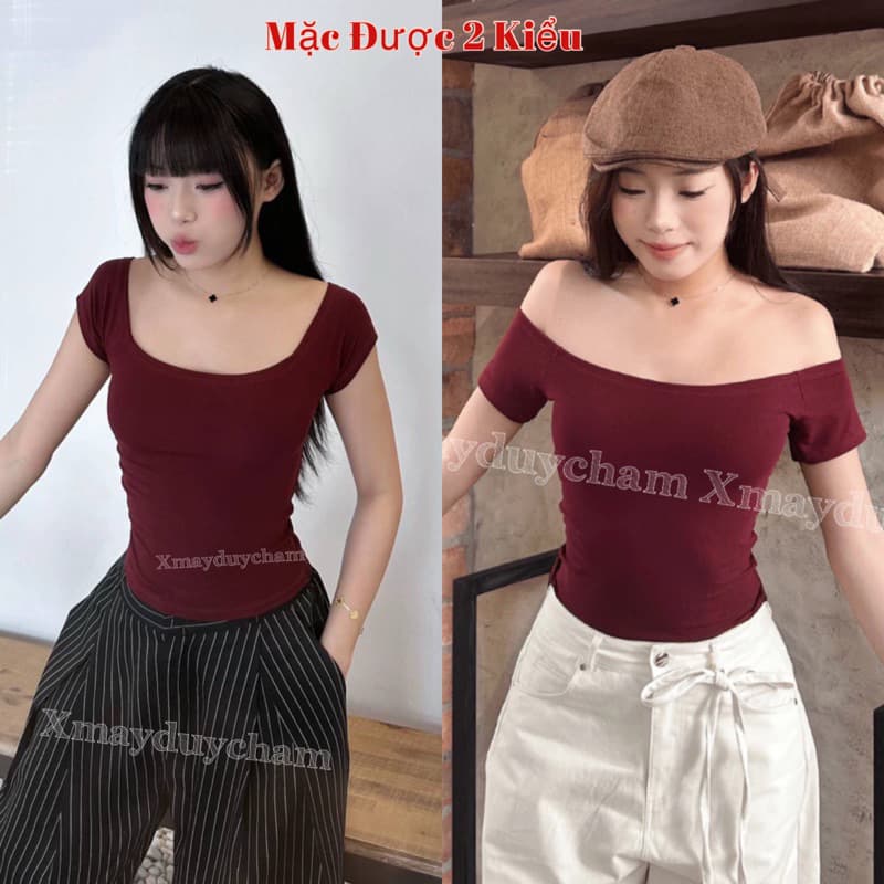 (Măc Được 2 Kiểu) ÁO TRỄ VAI -ÁO CỔ VUÔNG TAY NGẮN ÔM BODY NỮ COTTON MỊN BASIC m676