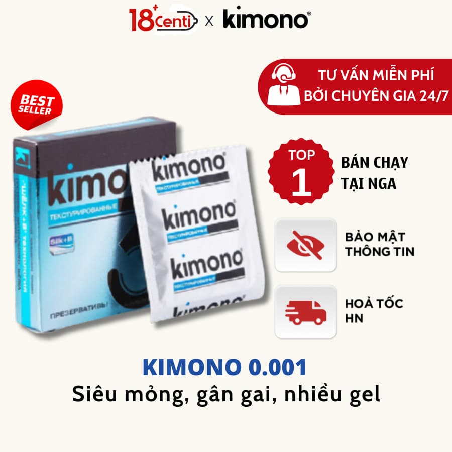 Kimono bao cao su có gân gai siêu mỏng 0.03 màu xanh Blue, Hộp 3 bcs