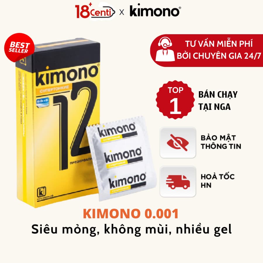 Bao cao su siêu mỏng Kimono màu vàng 0.01mm hộp 12 cái không mùi cấp ẩm bôi trơn chính hãng