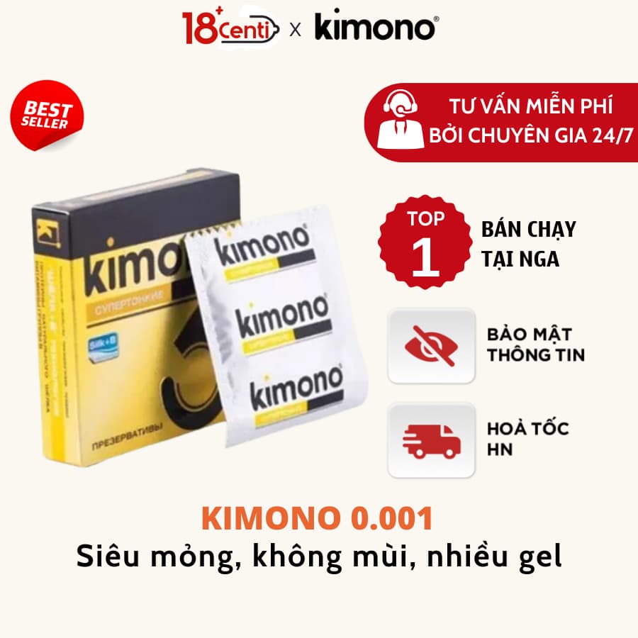 Kimono bao cao su siêu mỏng 0.02 màu vàng Gold chứa vitamin B cấp ẩm bôi trơn, Hộp 3 bcs - 18CENTI
