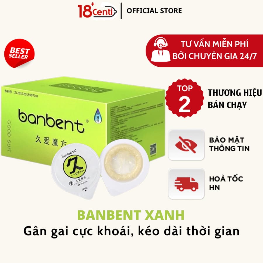 Bao cao su siêu mỏng 001 gân gai BANBENT Xanh Long lasting love cube kéo dài thời gian Hộp 10bcs