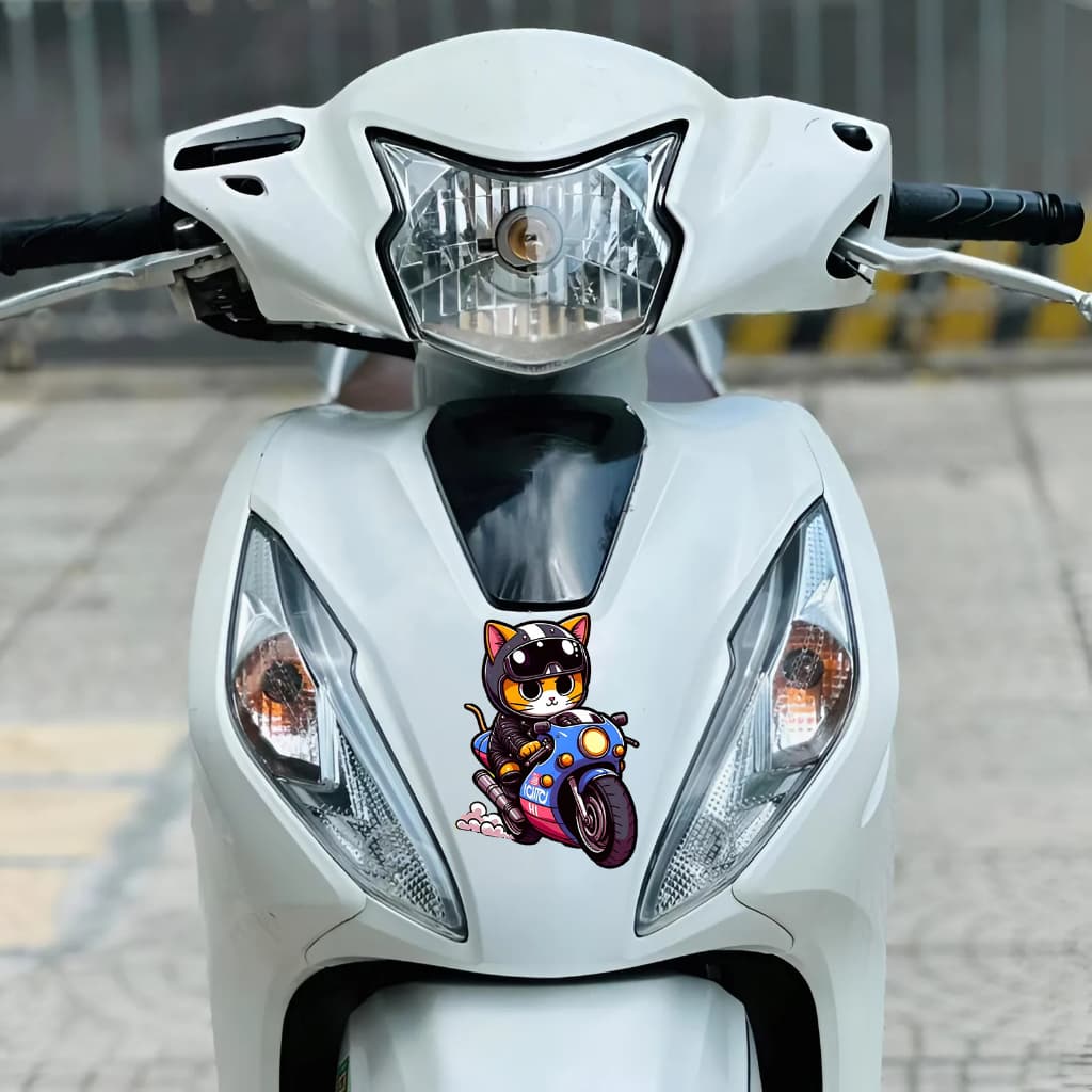 Sticker Biker Cat Cute - Dán Xe Máy, Trang Trí Laptop, Điện Thoại, Chống Nước, Chống Xước.