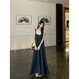 [Sẵn] Yếm Bò Jean Nữ Denim, Đầm Váy Maxi Bò 2 Hai Dây Dáng Suông Dài Xòe Đi Biển Có Bigsize Mùa Hè Nữ Chali SD901 4