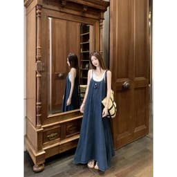 [Sẵn] Yếm Bò Jean Nữ Denim, Đầm Váy Maxi Bò 2 Hai Dây Dáng Suông Dài Xòe Đi Biển Có Bigsize Mùa Hè Nữ Chali SD901 1