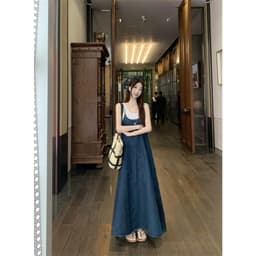 [Sẵn] Yếm Bò Jean Nữ Denim, Đầm Váy Maxi Bò 2 Hai Dây Dáng Suông Dài Xòe Đi Biển Có Bigsize Mùa Hè Nữ Chali SD901 2