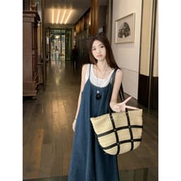 [Sẵn] Yếm Bò Jean Nữ Denim, Đầm Váy Maxi Bò 2 Hai Dây Dáng Suông Dài Xòe Đi Biển Có Bigsize Mùa Hè Nữ Chali SD901 6
