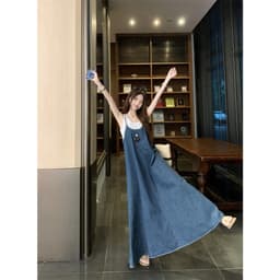[Sẵn] Yếm Bò Jean Nữ Denim, Đầm Váy Maxi Bò 2 Hai Dây Dáng Suông Dài Xòe Đi Biển Có Bigsize Mùa Hè Nữ Chali SD901 3