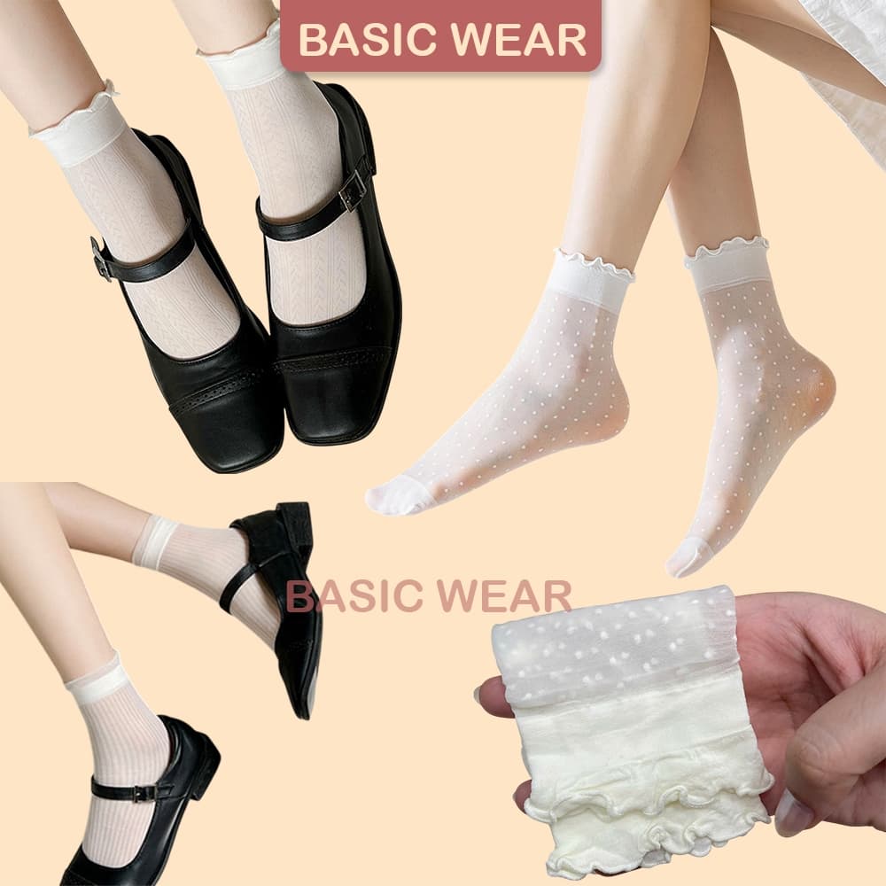 Set 3 Đôi Tất Nữ Siêu Mỏng Thoáng Khí Tất Ren Phối Lưới Cổ Bèo Tiểu Thư Màu Trắng Kem TT69