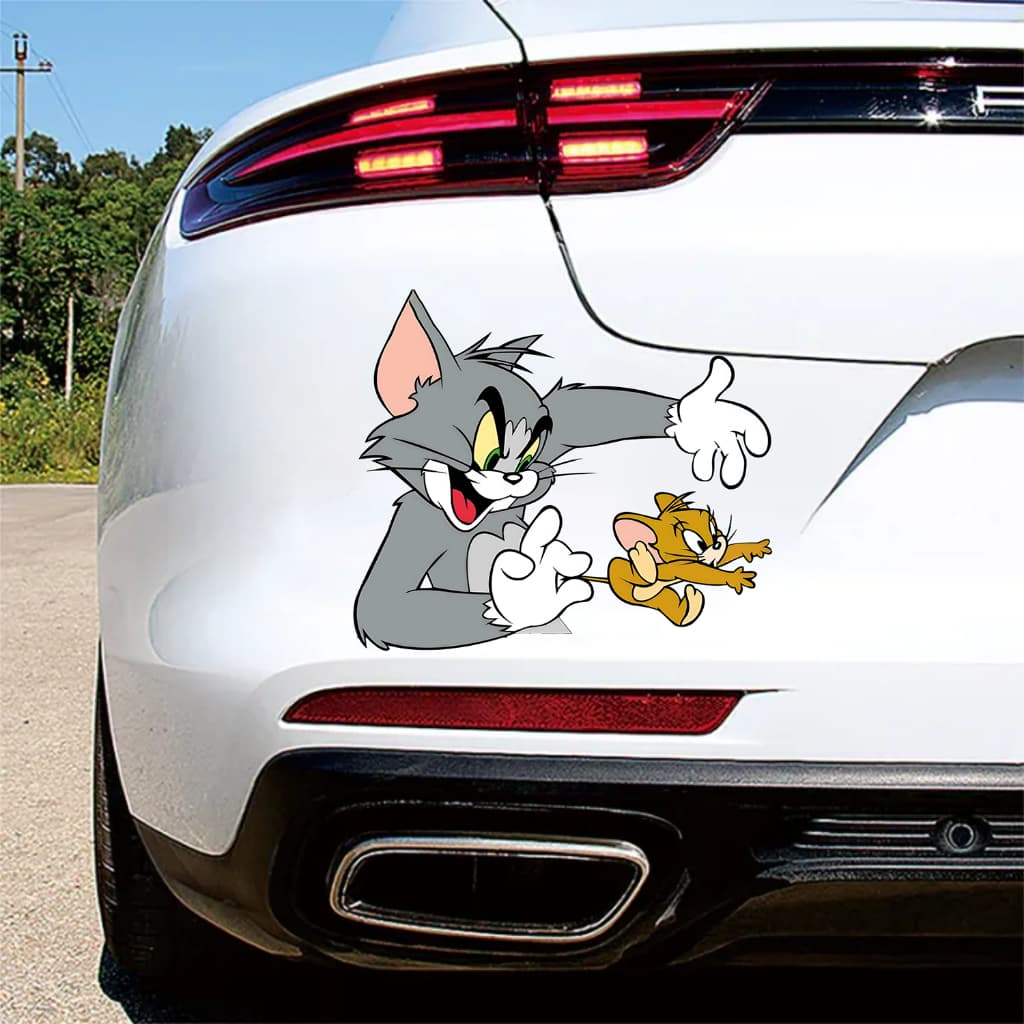 Miếng dán ô tô hình mèo Tom và chuột Jerry dễ thương, chống nước, che vết xước kính hậu.