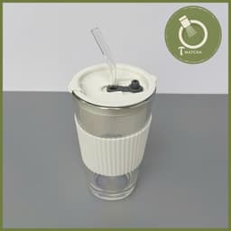Cốc thủy tinh có nắp đậy, bọc da pha đồ uống mang đi 490ml (kèm ống hút) 1