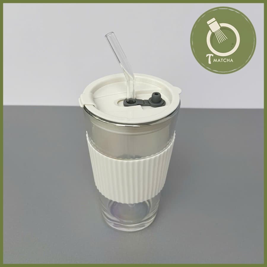 Cốc thủy tinh có nắp đậy, bọc da pha đồ uống mang đi 490ml (kèm ống hút)