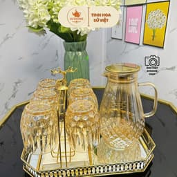 Bộ Bình Nước Hàng Cao Cấp Chất Liệu Thủy Tinh Chịu Nhiệt Màu Hổ Phách Vân Tổ Ong Kèm Khay Và Giá úp Hươu 3