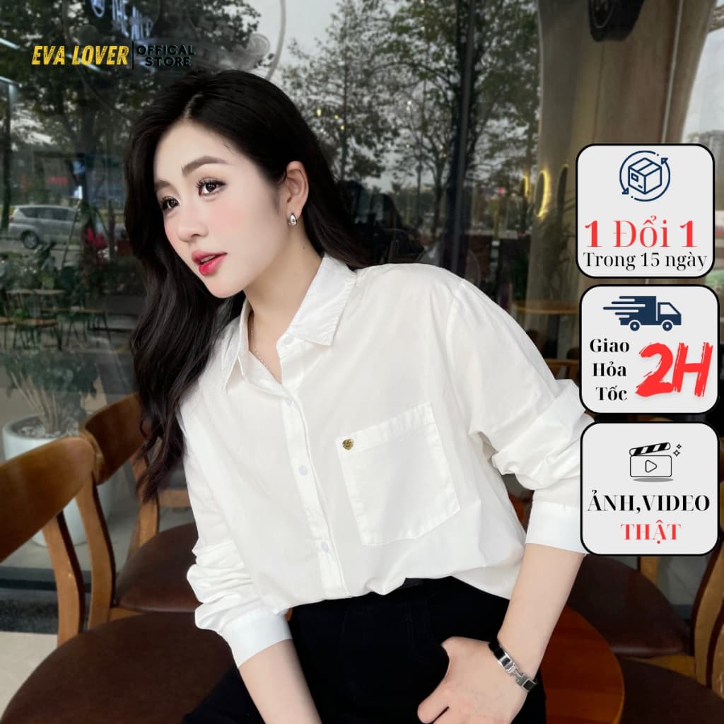 Áo sơ mi nữ dài tay có túi đính phụ kiện  chất thô mềm dáng rộng