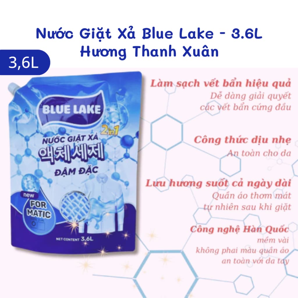 Nước Giặt Xả Blue Lake Túi 3,6L Hương Thanh Xuân-Công Nghệ Hàn Quốc Sạch Sâu, Trắng Sáng, Tiết Kiệm