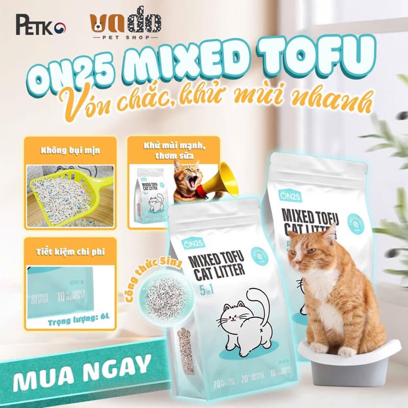[1 Thùng 6 túi] Cát đậu nành ON25 cho mèo vón chắc, khử mùi nhanh, tiết kiệm, cát vệ sinh cho mèo đậu nành