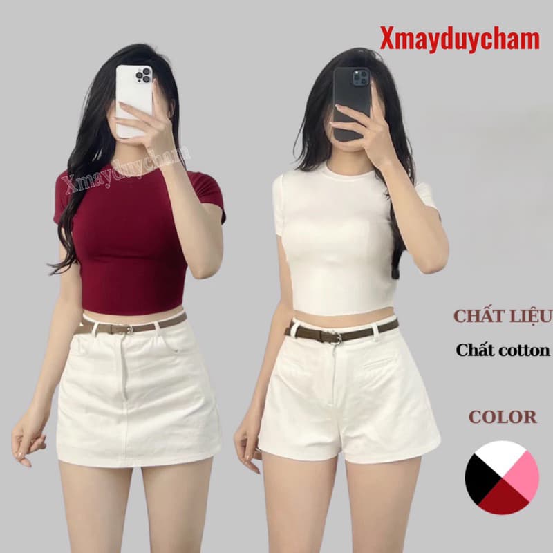 Áo Thun Cotton Mịn Croptop Nữ Ôm Body Quyến Rũ Cổ Tròn Cộc Tay Basic mùa hè m682