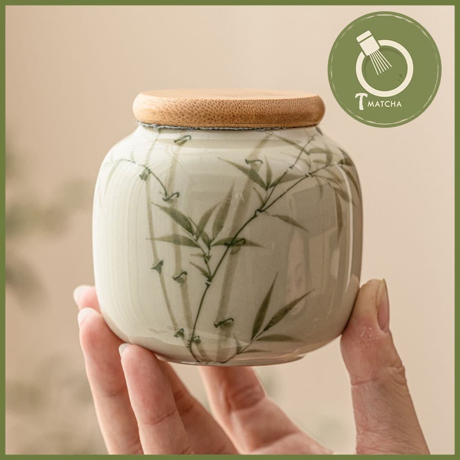 Hũ sứ nắp tre đựng bột matcha 200ml [Mẫu cành trúc]