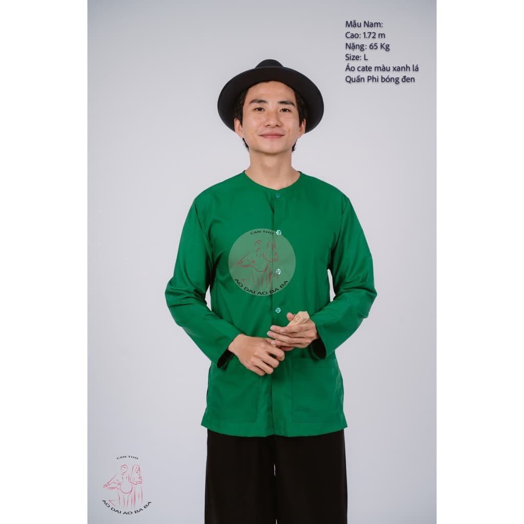 Bộ áo bà ba nam phối áo cate xanh lá + Quần cate đen - Có bộ bà ba Bigsize