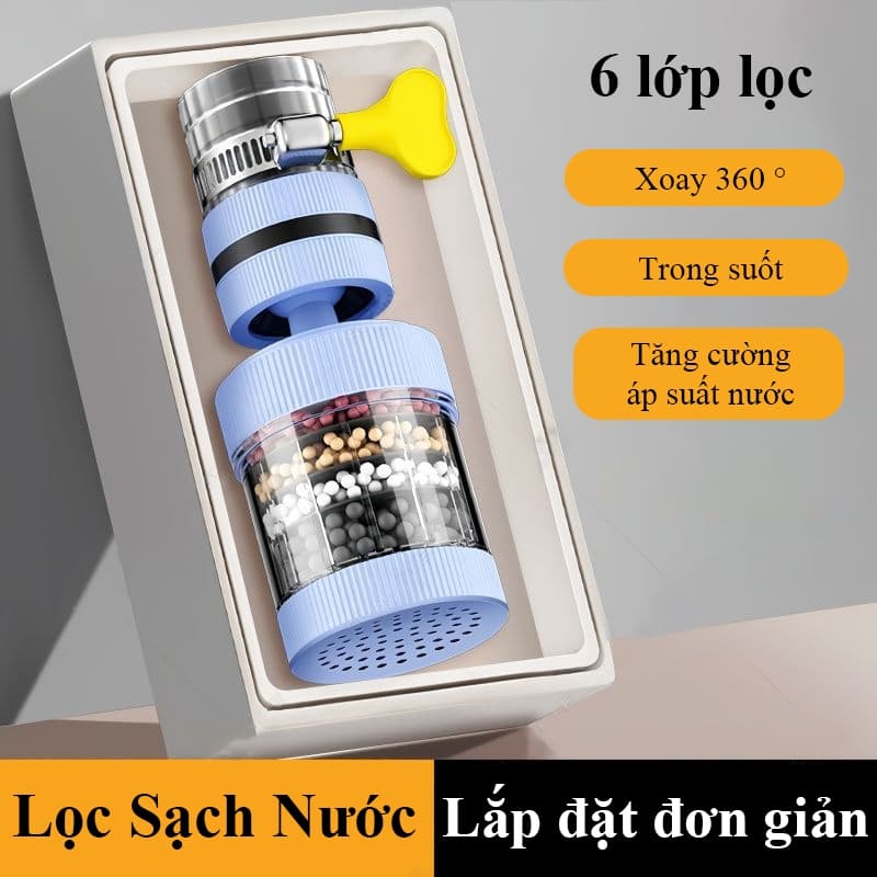 Đầu vòi lọc nước 6 lớp HOMELOVE Đầu lọc nước gắn trực tiếp tại vòi xoay 360 linh hoạt lọc sạch clo cặn bẩn tạp chất