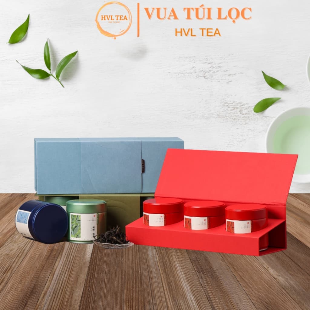 Bộ hộp trà thiếc chữ nhật 3 lon trụ tròn kèm túi đựng trà sang trọng – HVL TEA