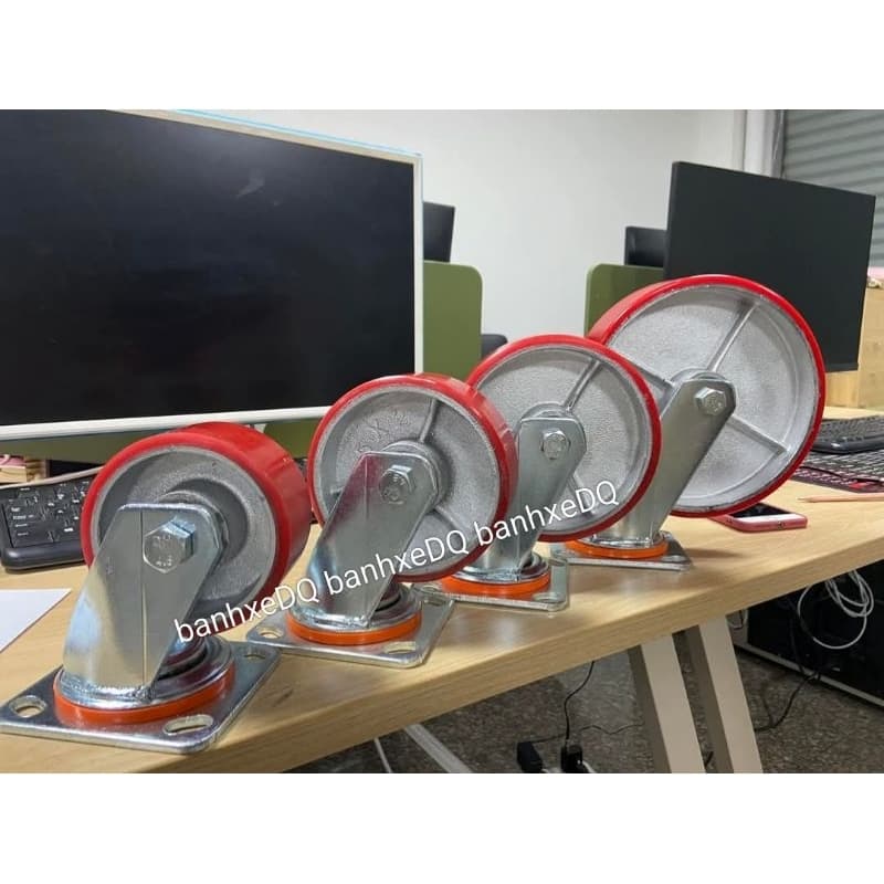 [KKTHN] Bánh Xe PU Gang 5cm Càng 6 Ly Đường Kính D100, D125, D150, D200 Chống Mòn Xước Cho Xe Nâng, Xe Chở Hàng Chịu Tải Nặng