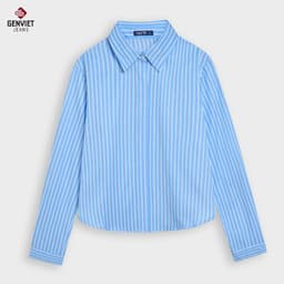 Áo sơ mi dài tay nữ croptop GENVIET JEANS chất linen thoáng mát kẻ sọc basic dễ phối đồ đi học đi làm 8959 5