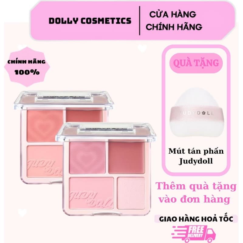 [JUDYDOLL] Bảng Phấn Má Hồng Bắt Sáng JUDYDOLL 4 Ô Tông Lì Đa Năng Mềm Mịn Trang Điểm Tự Nhiên Lâu Trôi DOLLY COSMETICS