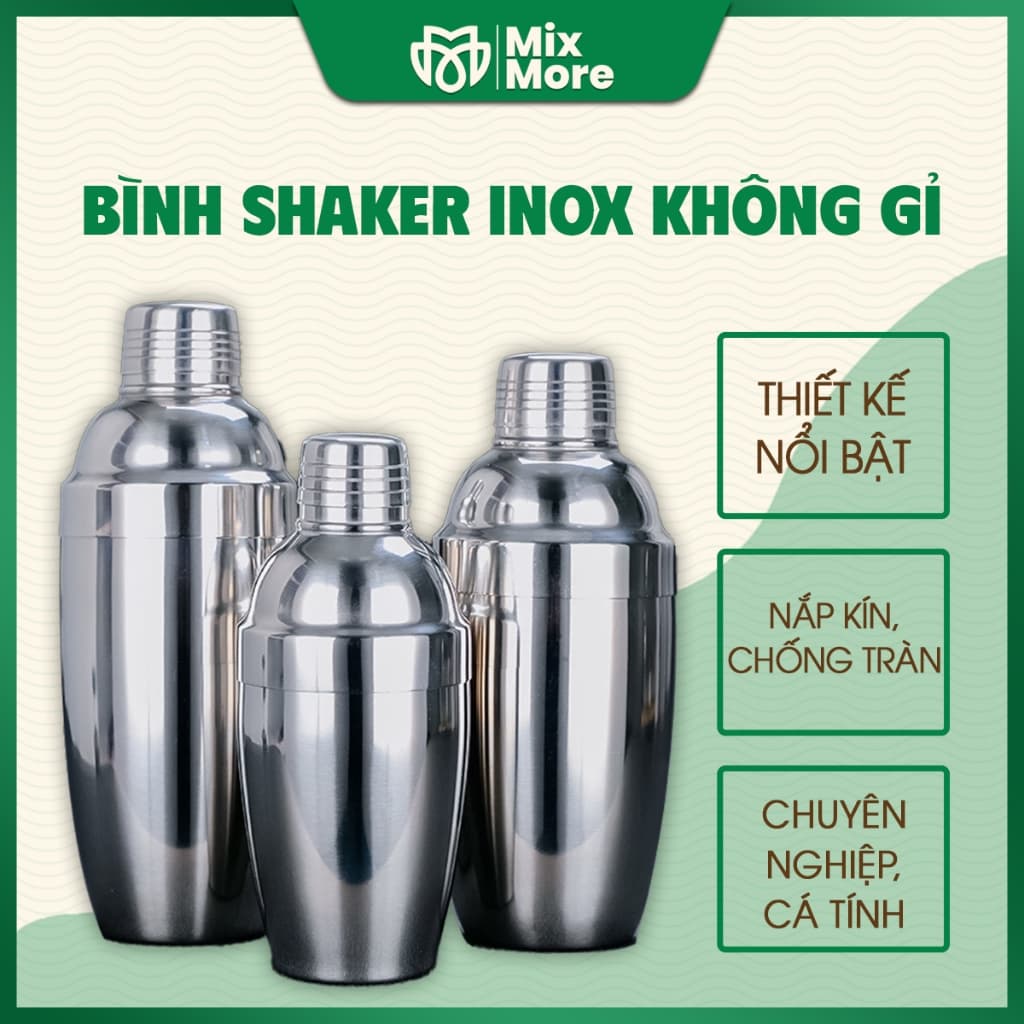 Bình lắc shaker inox, dụng cụ pha chế cà phê, rượu, trà sữa, trà trái cây chuyên nghiệp Mixmore