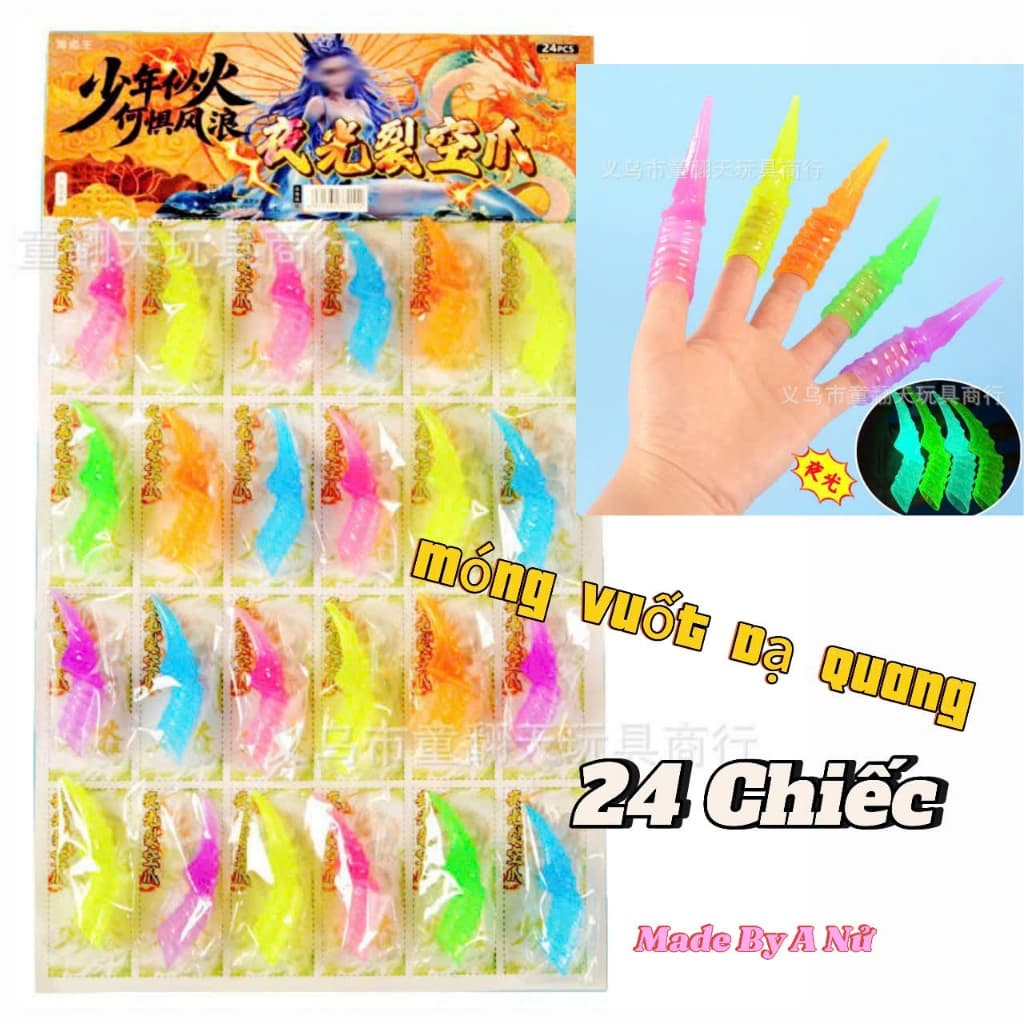 Vỉ 24 Chiếc Móng Vuốt Dạ Quang Đồ Chơi Móng Tay Giả Phát Sáng Nhiều Màu Sắc