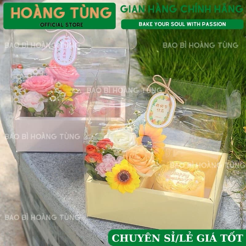Hộp mica trong 2 ngăn có quai xách, hộp 2 ngăn bánh và hoa, hộp quà 2 ngăn