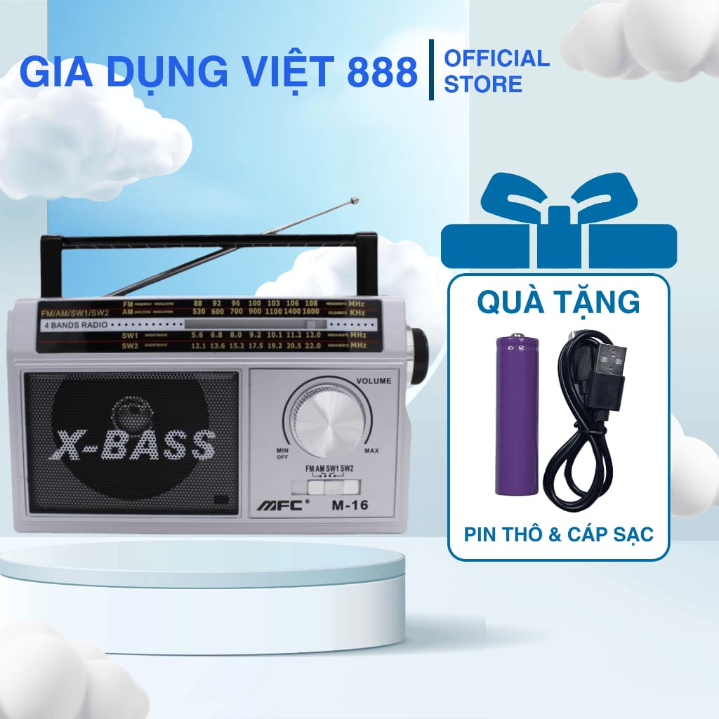 ĐÀI RADIO M-BASS CỠ LỚN, Âm thanh to không rè không nhiễu, 4 Băng tần, Tặng kèm pin sạc dây sạc