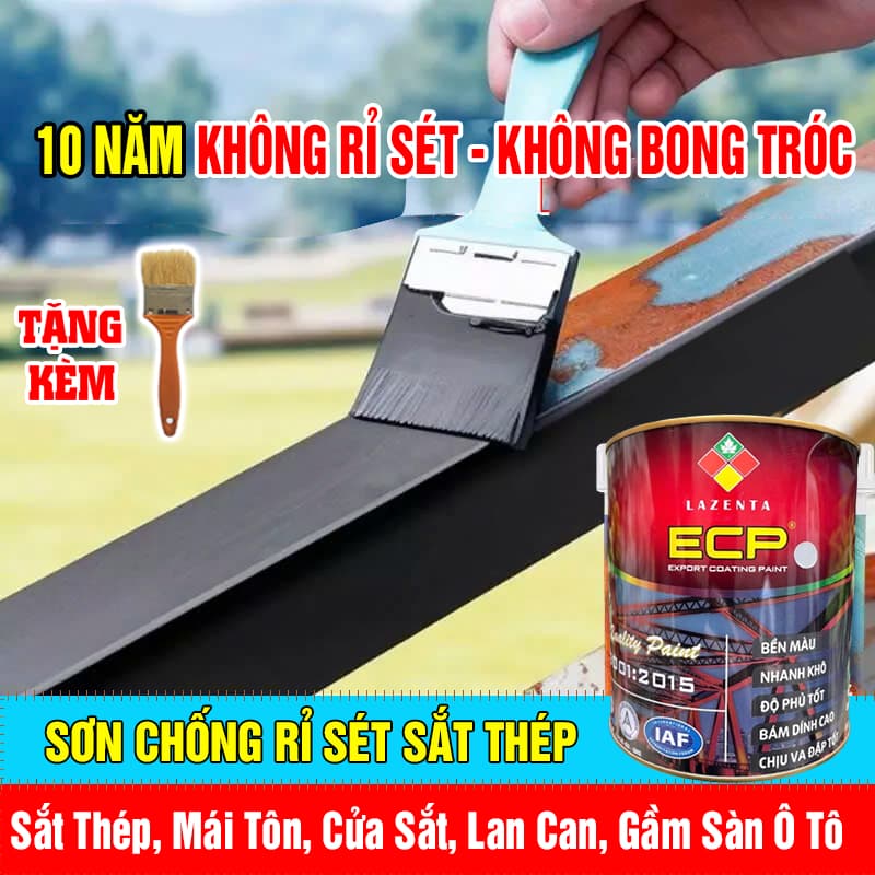 1KG Sơn Chống Rỉ Sét Kim Loại ECP Lazenta - Sơn Chống Rỉ Mái tôn, Lan Can, Cửa Cổng, Gầm Xe - Tặng Kèm Chổi Quét