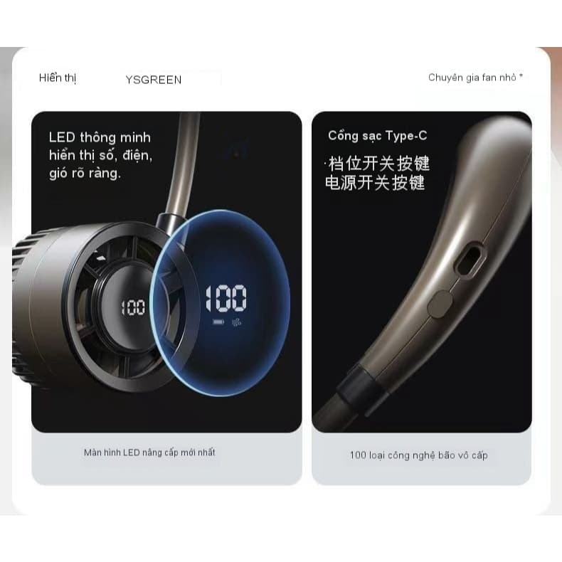 Quạt Đeo Cổ Mini D916 Xoay 360 Độ, 100 Cấp Độ Gió, Pin 1500mAh, Nhẹ Gọn, Sạc USB Tiện Lợi