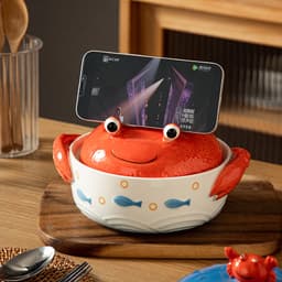 Tô ăn mì, bát sứ úp mì hình Cua Mực có nắp sứ là giá đỡ điện thoại tiện lợi 4