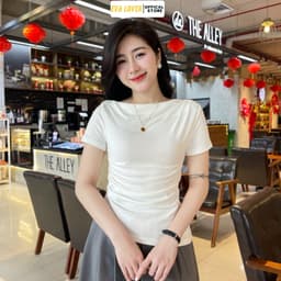 Áo thun nữ lệch vai che bụng Evalover – Cotton co giãn 4 chiều, dáng đẹp không kén người mặc 4