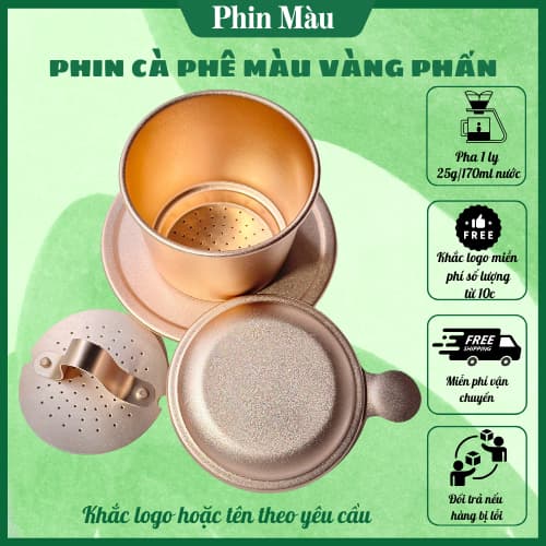 Phin nhôm pha cà phê màu vàng phấn,phin cafe anod màu vàng phấn khắc tên hoặc logo theo yêu cầu