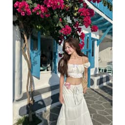 Set váy áo voan mỏng trễ vai tay bồng nhẹ thắt nơ ngực mix chân váy maxi đi biển du lịch 9