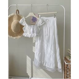 Set váy áo voan mỏng trễ vai tay bồng nhẹ thắt nơ ngực mix chân váy maxi đi biển du lịch 4