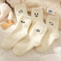 Set 5 Đôi Tất Cao Cổ Len Lông Cừu Dày Dặn Siêu Ấm Phối Họa Tiết Biểu Cảm Dễ Thương Tt46 1
