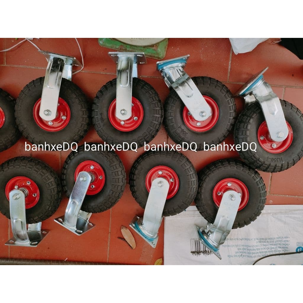 [KKTHN] Bộ Bánh Xe Đẩy Hàng Cao Su Đặc Mâm Đỏ Đường Kính 25cm (350-4) Càng 6 Ly Cố Định, Xoay Có Ti Bơm Mỡ Cho Xe Tải Nặng
