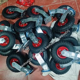 [KKTHN] Bộ Bánh Xe Đẩy Hàng Cao Su Đặc Mâm Đỏ Đường Kính 25cm (350-4) Càng 6 Ly Cố Định, Xoay Có Ti Bơm Mỡ Cho Xe Tải Nặng 3
