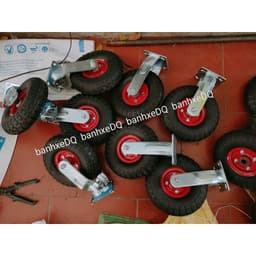 [KKTHN] Bộ Bánh Xe Đẩy Hàng Cao Su Đặc Mâm Đỏ Đường Kính 25cm (350-4) Càng 6 Ly Cố Định, Xoay Có Ti Bơm Mỡ Cho Xe Tải Nặng 4